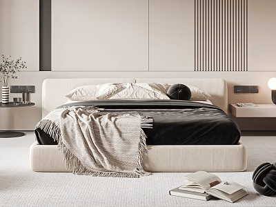 Modern Minimalist Double Bed In Cozy Bedroom Interior 3d model