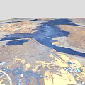 3D Terrain Model Featuring Brown Yellow Land Blue Water Areas And Linear Paths