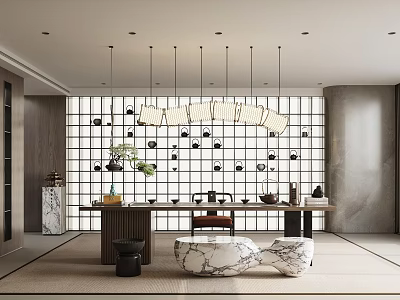 Modern Tea Room Interior Design With Grid Wall Pendant Lights Tea Sets And Marble Elements 3d model