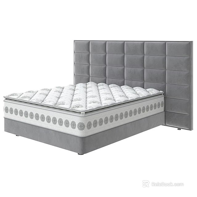 Double Bed With Quilted White Mattress Decorative Edge And Gray Tufted Headboard 3d model 