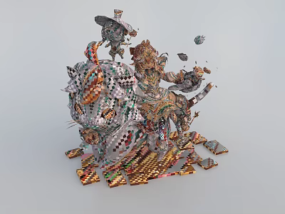 Intricate Reptile Sculpture Composed Of Metal Fragments With Scattered Pieces And 3D Structure 3d model