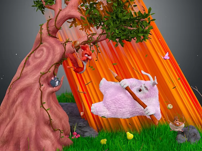 Game and Movie Characters Featuring Pink Sheep Holding Stick Red Character On Tree Green Grass 3d model