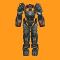 Game And Movie Robot Character With Black Red Armored Combat Style Design On Orange Background
