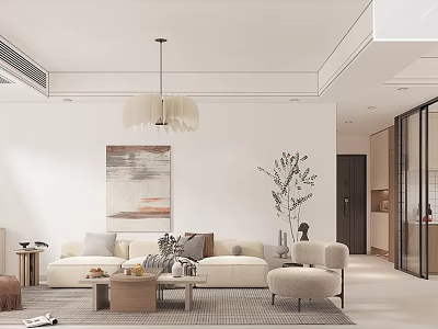 Elegant Modern Living and Dining Room With Beige Sofa Throw Pillows Coffee Table Pendant Light 3d model