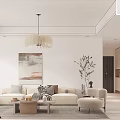 Elegant Modern Living and Dining Room With Beige Sofa Throw Pillows Coffee Table Pendant Light