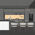 Modern Restaurant Kitchen Interior With Dark Cabinets Light Countertop Pendant Lights Dining Table And Chairs