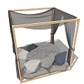 Stylish Double Bed With Wooden Canopy Frame Gray Curtains And Decorative Pillows