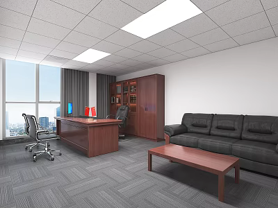 Modern Office With Wooden Desk Black Sofa Bookshelf Large Windows Gray Carpet And City View 3d model