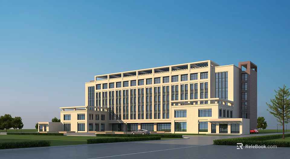 Modern Light Colored Multi Story Office Building With Large Windows Green Lawn And Blue Sky 3d model 