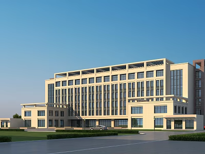 Modern Light Colored Multi Story Office Building With Large Windows Green Lawn And Blue Sky 3d model