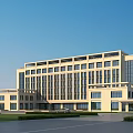 Modern Light Colored Multi Story Office Building With Large Windows Green Lawn And Blue Sky