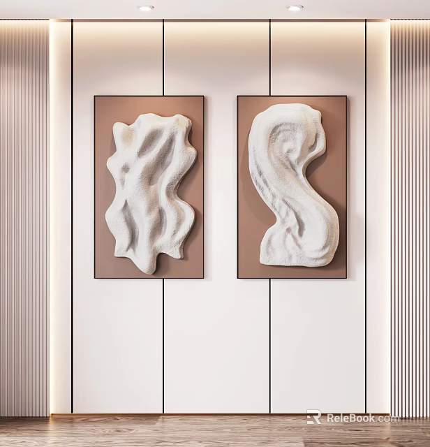 Modern Interior Wall Decor With 3D White Irregular Shapes And Brown Frames 3d model