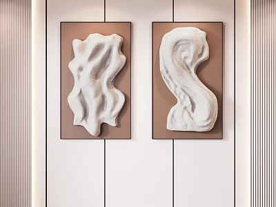 Modern Interior Wall Decor With 3D White Irregular Shapes And Brown Frames 3d model