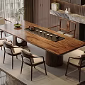 Elegant Modern Tea Room Interior With Long Wooden Table Chairs Plants Cabinets And Scenic View