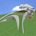 Modern Architectural Structure With Unique Curved Roof Grey Walls Glass Panels And Green Lawn