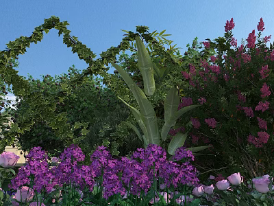Garden Landscape With Green Vines Arch Purple Flowers Pink Roses And Tall Green Plants 3d model