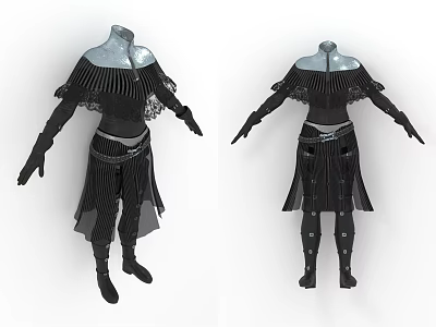 Black Pleated Fashion Outfit With Silver Shoulder Layered Sleeves Skirt Decorative Details 3d model