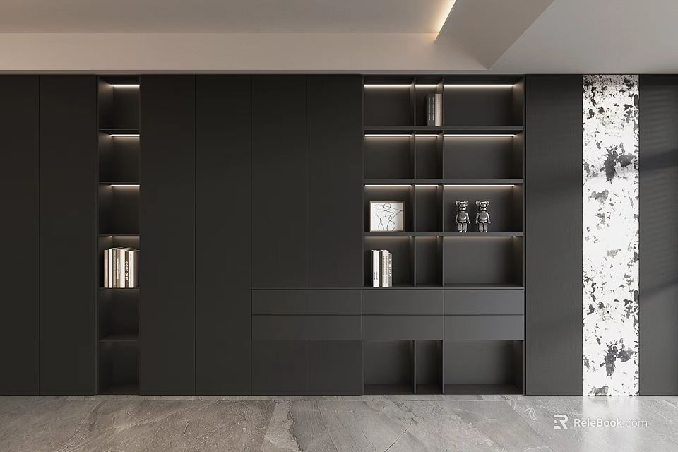 Modern Minimalist Black Decorative Cabinet With Open Closed Storage Compartments Artistic Wall Gray Marble Floor 3d model 