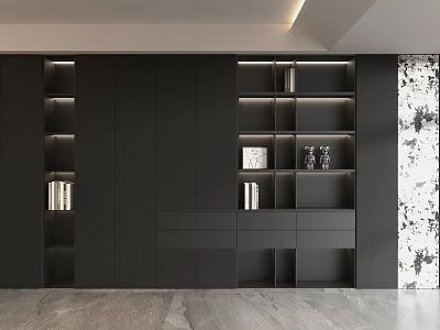 Modern Minimalist Black Decorative Cabinet With Open Closed Storage Compartments Artistic Wall Gray Marble Floor 3d model