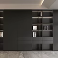 Modern Minimalist Black Decorative Cabinet With Open Closed Storage Compartments Artistic Wall Gray Marble Floor