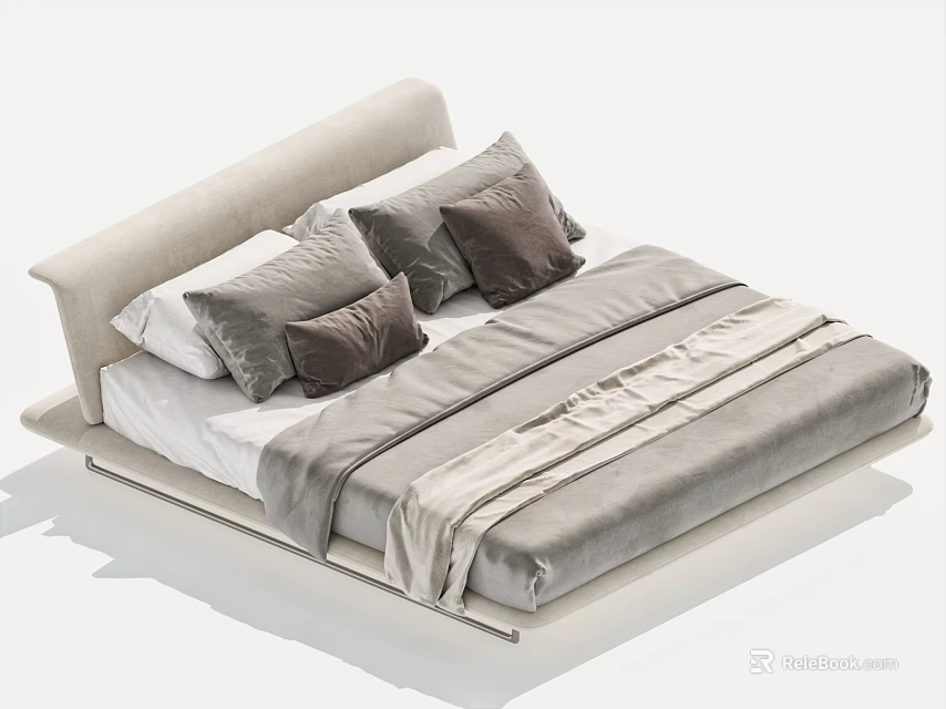 Modern Double Bed with Upholstered Headboard and Cozy Pillows in Neutral Tones 3d model 