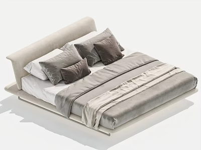 Modern Double Bed with Upholstered Headboard and Cozy Pillows in Neutral Tones 3d model