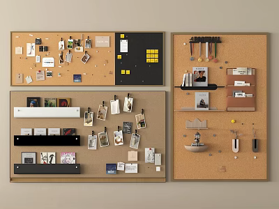 Stylish Cork Board Wall Decor With Photos Notes Keys And Small Hooks 3d model