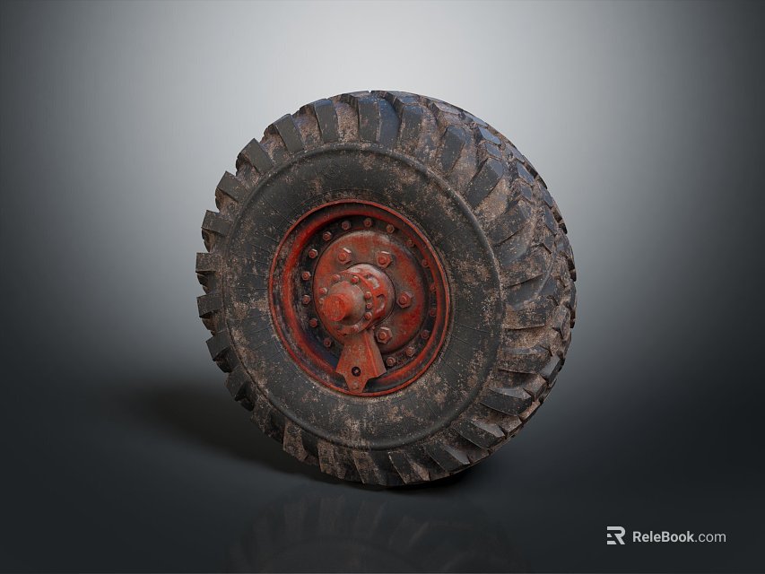 Old Off Road Tire With Deep Tread Pattern And Red Metal Rim 3d model 