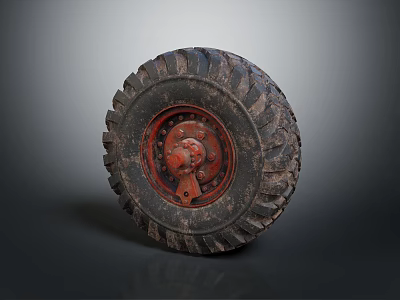 Old Off Road Tire With Deep Tread Pattern And Red Metal Rim 3d model