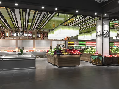 Supermarket Grocery Interior With Fresh Produce Display Shelves And Bright Lighting 3d model