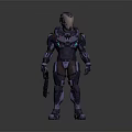 Futuristic Armored Character With Metallic Helmet And Weapon Standing In Dark Background