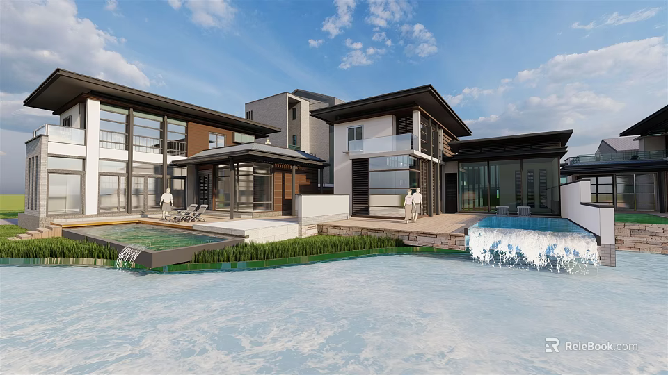 Modern Luxury Townhouse Exterior With Waterfront Pool Outdoor Terrace And Large Glass Windows 3d model 