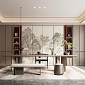 Modern Chinese Style Tea Room With Mountain Painting Tea Table And Green Plants