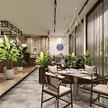 Modern Restaurant Interior With Green Sofa Seating Marble Round Tables Plants And Pendant Lights
