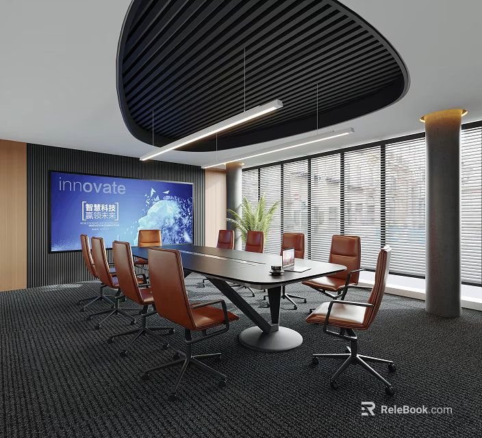 Modern Conference Room Interior With Large Screen Leather Chairs And Big Windows Design 3d model 