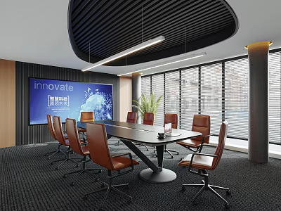 Modern Conference Room Interior With Large Screen Leather Chairs And Big Windows Design 3d model