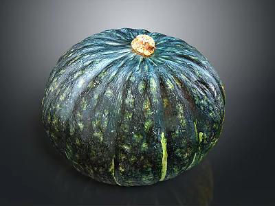 Single Blue Green Speckled Striped Pumpkin With Yellow Stem On Dark Background 3d model