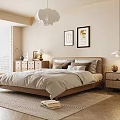 Warm Modern Bedroom Interior With Wooden Bed Bedside Tables Pendant Lights Artworks And Soft Rug