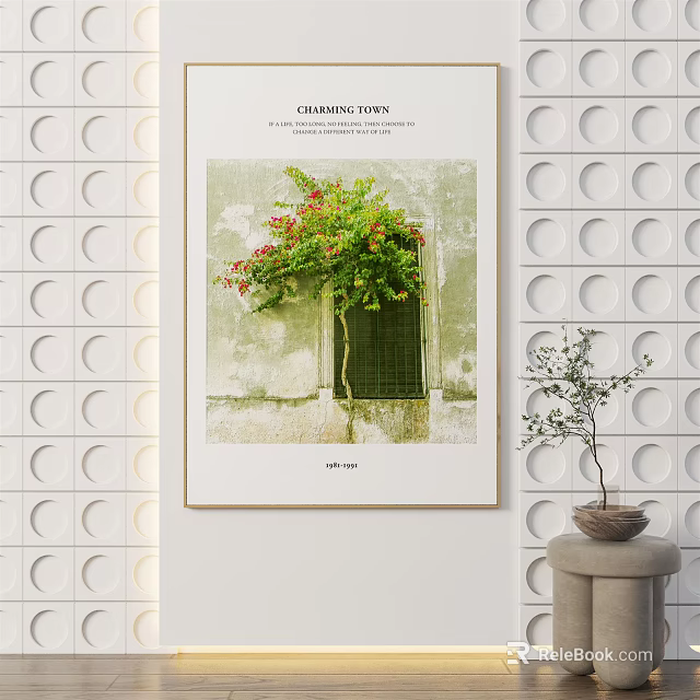 Climbing Flowers Poster With Black Door And Circular Patterned Wall Decor 3d model