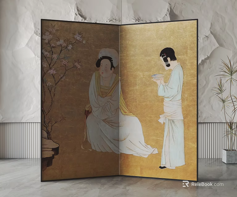 Traditional Oriental Screen With Classical Female Figures And Cherry Blossom Tree 3d model 
