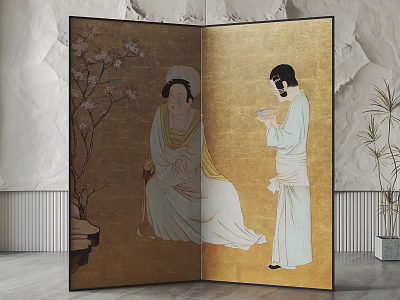 Traditional Oriental Screen With Classical Female Figures And Cherry Blossom Tree 3d model