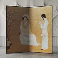 Traditional Oriental Screen With Classical Female Figures And Cherry Blossom Tree