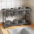 Black Metal Kitchen Dish Rack with Silver Plates Countertop Organizer Storage 3d model