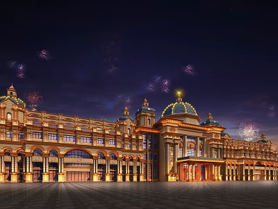 European Style Architecture Night View With Illuminated Domes And Fireworks 3d model