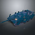 Blue Armored Military Vehicle With Turret Cannon Tracks And Antenna Emblem