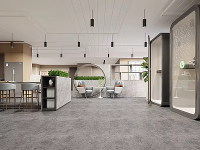 Modern Lounge Area Interior With Sofas Greenery Pendant Lights And Gray Flooring 3d model
