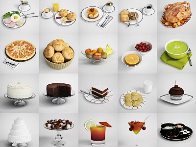 Assorted Fresh Tasty Food Collection Featuring Pizza Cakes Fruits And Beverages 3d model