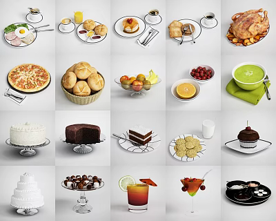 Assorted Fresh Tasty Food Collection Featuring Pizza Cakes Fruits And Beverages 3d model