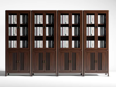Tall Dark Wooden Bookcases With Glass Doors And Slatted Lower Cabinets Holding Books 3d model