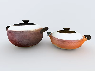 Two Ceramic Cooking Pots with White Lids Black Handles Dark Red and Orange Design 3d model